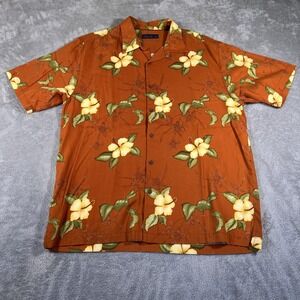 Reyn Spooner Hawaiian Shirt Mens Large Brown Yellow Floral Aloha Button Up